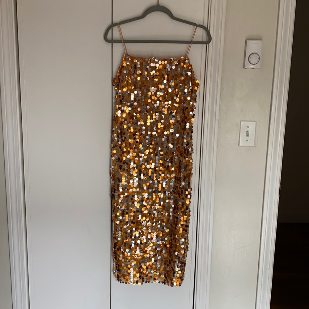 Gold sequin midi-length dress from Mango